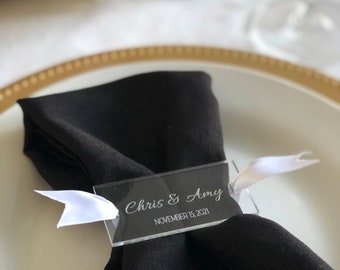 Wedding Napkin Ring Set, Personalized Names, Wedding Date, Clear Acrylic, Custom Engraved, Couples Names, Anniversary Party, Napkin Holder