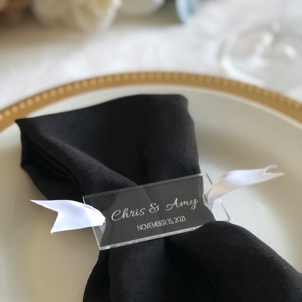 Wedding Napkin Ring Set, Personalized Names, Wedding Date, Clear Acrylic, Custom Engraved, Couples Names, Anniversary Party, Napkin Holder