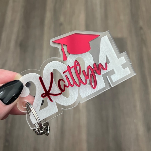 Graduation Keychain Gift, Class of 2024, Personalized Name, Silver Key Ring, Lobster Claw and Tassle Charm, Key Ring Bag Tag, 3D Layered Tag