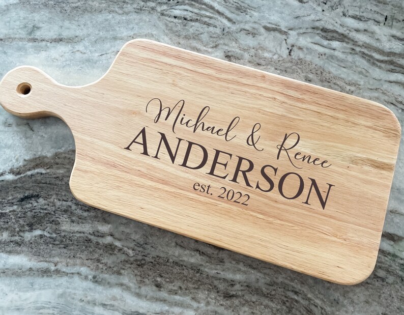 Wood Charcuterie and Cutting Board with Handle, Engraved and Personalized for Gifting at Housewarmings and Weddings image 2