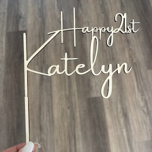 Personalized Happy 21st cake topper in light wood birch