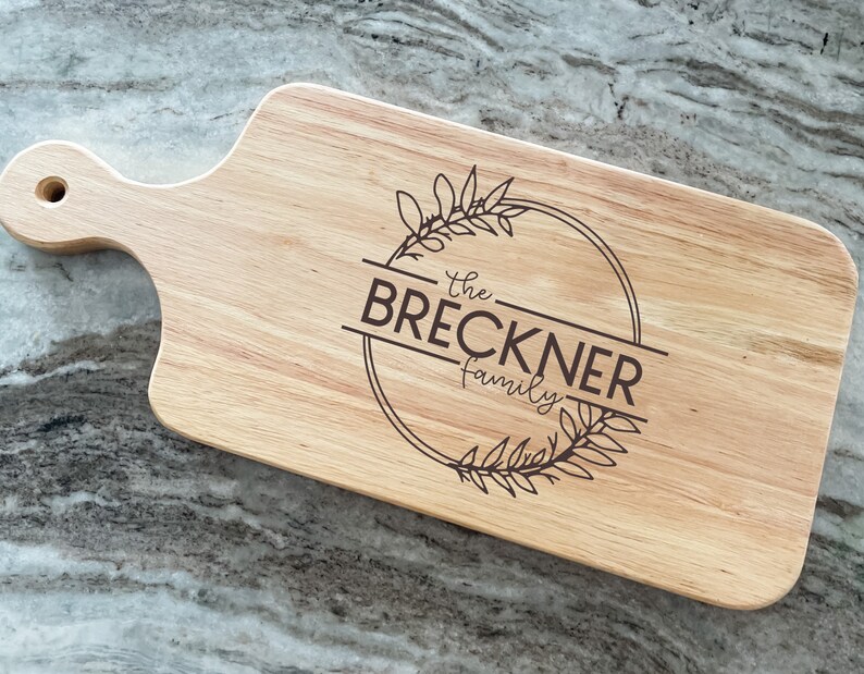 Wood Charcuterie and Cutting Board with Handle, Engraved and Personalized for Gifting at Housewarmings and Weddings image 3