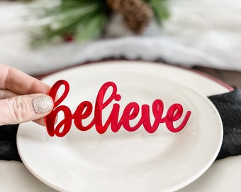 Believe Place Card, Christmas Decor, Red Mirrored Acrylic, Cake Charm, Holiday Decoration, Dining Table Place Setting