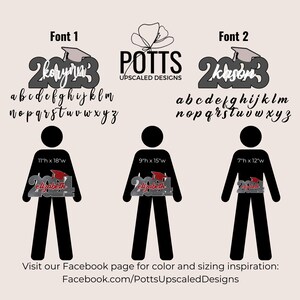 May include: Image features graduation-themed designs with the text "2023" and a graduation cap. Includes examples of fonts, alphabets, and sizing options. The text "POTTS UPSCALE DESIGNS" is also present. The image also includes the text "Visit our Facebook page for color and sizing inspiration: Facebook.com/PottsUpscaledDesigns".