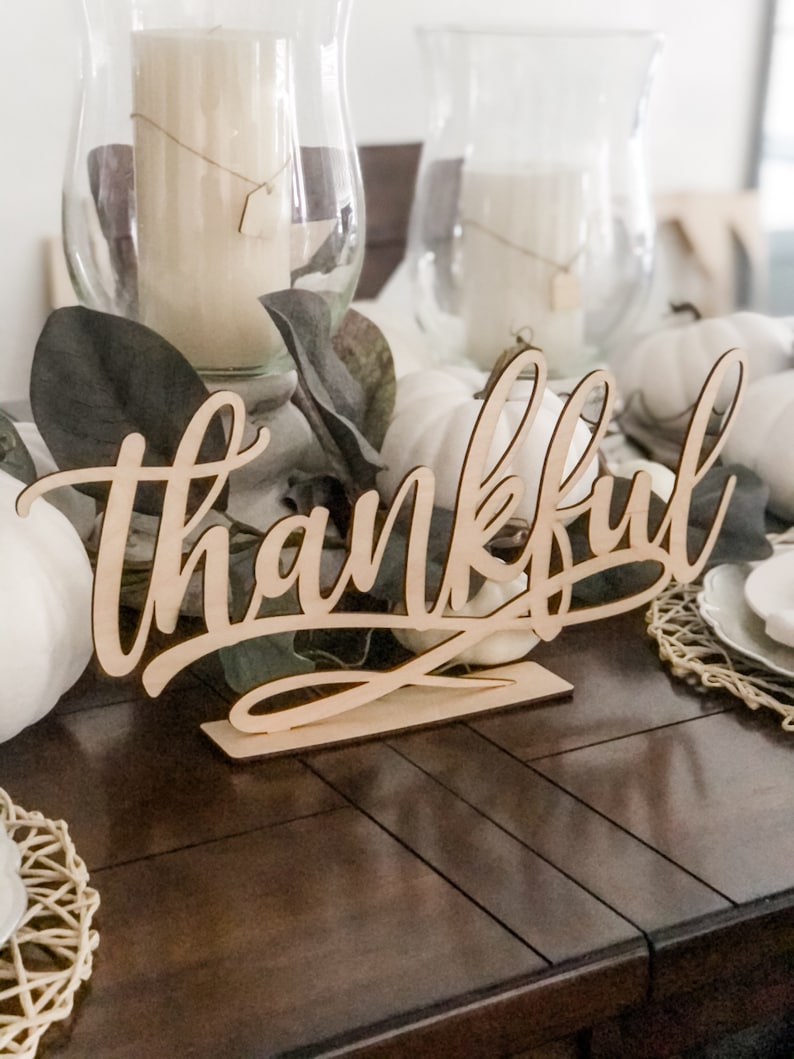 Thankful Sign, Thanksgiving Decor, Fall Centerpiece, Shelf Ledge Mantle Decor, Autumn Decoration, Grateful Blessed and Gather Signs image 2