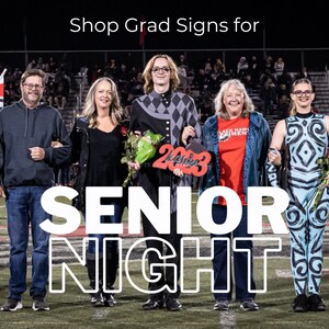 Senior night family photo for marching band with personalized grad sign for senior gift in school colors of red and black created by Potts Upscaled Designs LLC