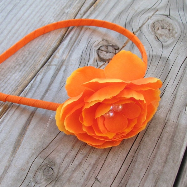 ON SALE!  Bright Orange Ranunculus Flower on a Ribbon Wrapped Headband