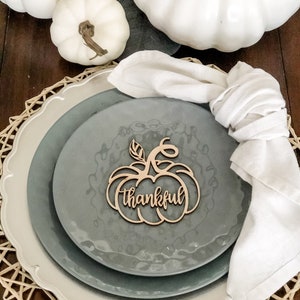 3 Thankful Pumpkins, Grateful Blessed, Thanksgiving Decor, Fall Place Cards, Plate Ornament, Farmhouse Table, Fall Wood Decoration image 2