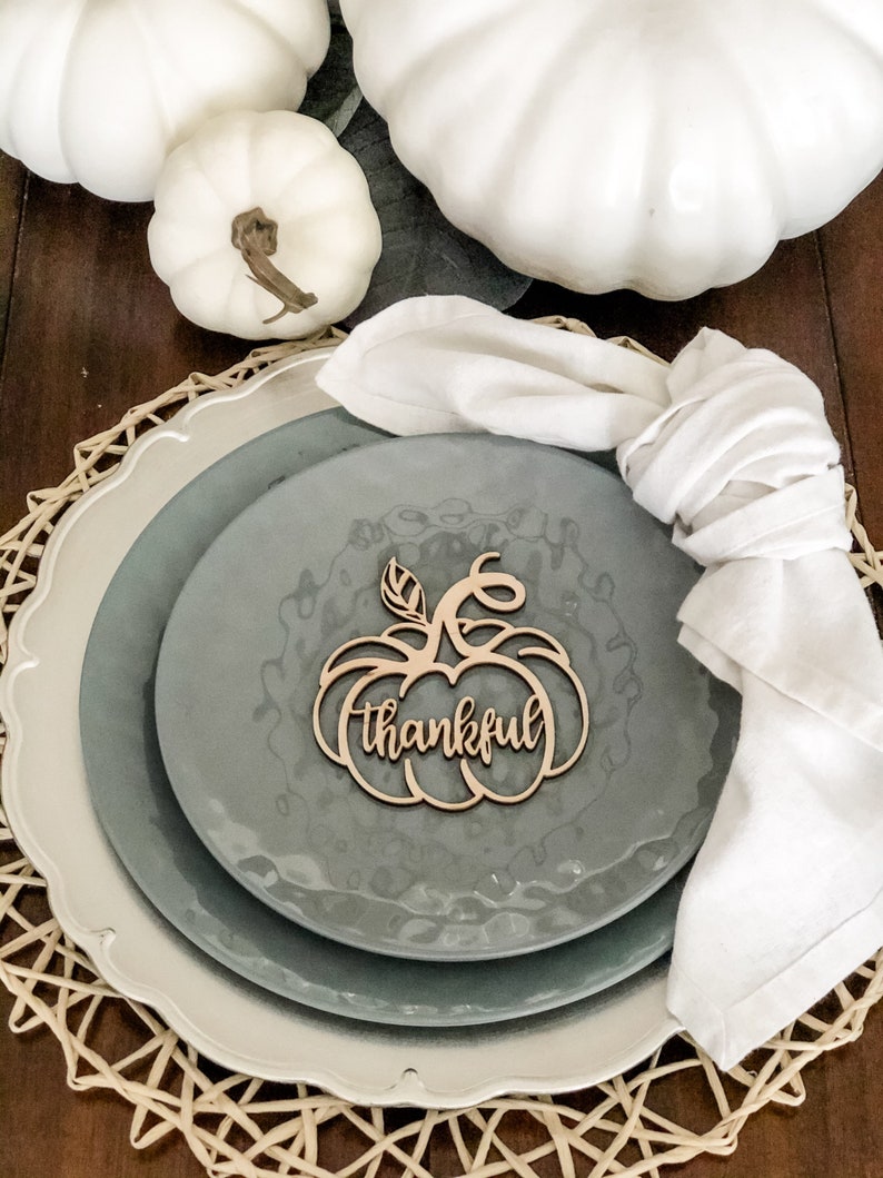 3 Thankful Pumpkins, Grateful Blessed, Thanksgiving Decor, Fall Place Cards, Plate Ornament, Farmhouse Table, Fall Wood Decoration image 2