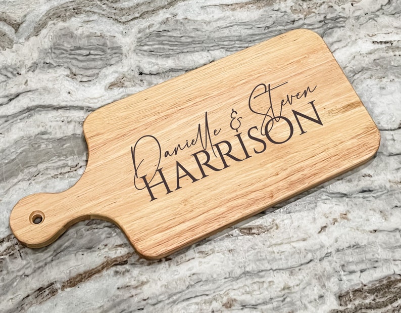 Wood Charcuterie and Cutting Board with Handle, Engraved and Personalized for Gifting at Housewarmings and Weddings image 1