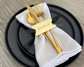4 Give Thanks Napkin Rings, Thanksgiving Decor, Gold Table Decorations, Thankful Place Setting, Engraved Tags, Plate Ornament Decor