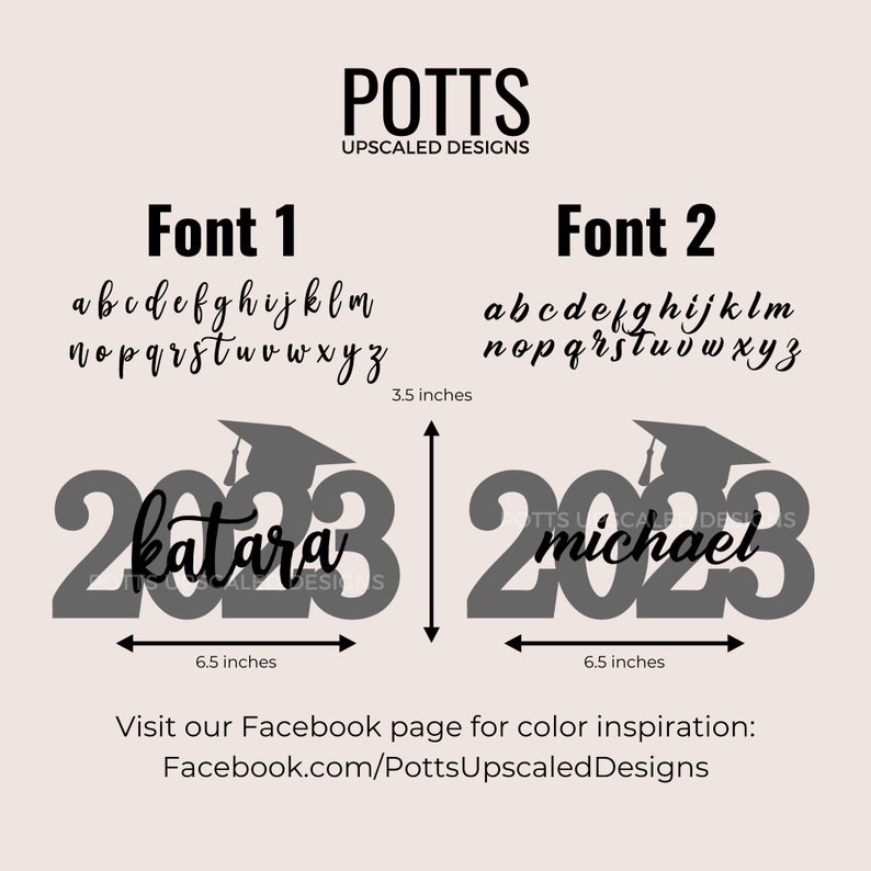 Pu&ograve; includere: Grafica con due design per l'anno di laurea con la scritta "2023" e un cappello di laurea. I design sono larghi 16,5 cm e alti 8,9 cm. L'immagine mostra anche due opzioni di carattere e il testo "Potts Upscaled Designs".