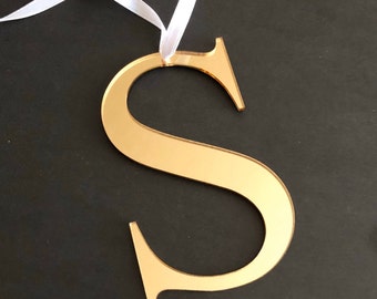 4" Christmas Stocking Letter Ornament, Mirror Gold, Large Name Initial, Holiday Decor, Silver Name Gift Tag, Xmas Tree, Cursive or Block