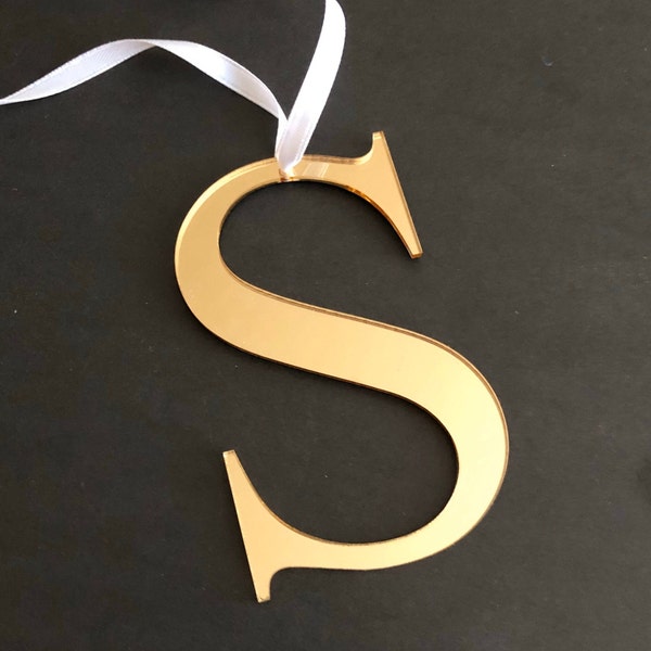 4" Christmas Stocking Letter Ornament, Mirror Gold, Large Name Initial, Holiday Decor, Silver Name Gift Tag, Xmas Tree, Cursive or Block