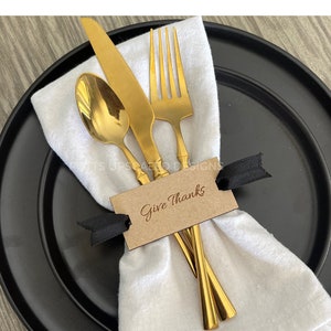 4 Give Thanks Napkin Tags, Thanksgiving Decor, Napkin Ring, Hostess Gift, Holiday Place Card, Fall Table Decor, Engraved Wood Tags