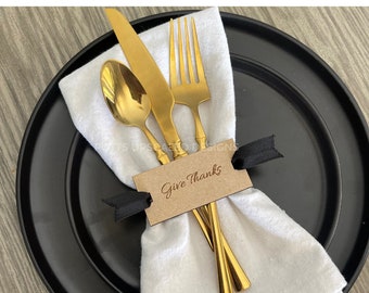 4 Give Thanks Napkin Tags, Thanksgiving Decor, Napkin Ring, Hostess Gift, Holiday Place Card, Fall Table Decor, Engraved Wood Tags