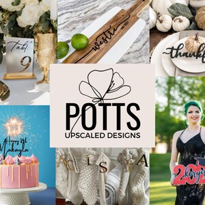 May include: A collage of images showcasing various handcrafted items, including personalized wooden signs, a cake topper with a sparkler, a floral design, and a graduation sign. The images highlight the creative and personalized nature of the products.
