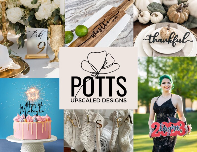 May include: A collage of images showcasing various handcrafted items, including personalized wooden signs, a cake topper with a sparkler, a floral design, and a graduation sign. The images highlight the creative and personalized nature of the products.