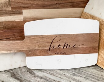 Home Est Date Engraved Wood and Marble Charcuterie Cutting Board, Housewarming and Wedding Gift for and Couple