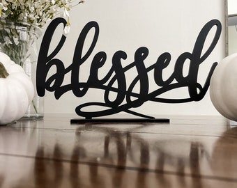Blessed Sign with Stand, Cursive Word, Fall Table, Friendsgiving Decor, Thanksgiving Signs, Farmhouse Style, Laser Cut Wood Thankful Gather