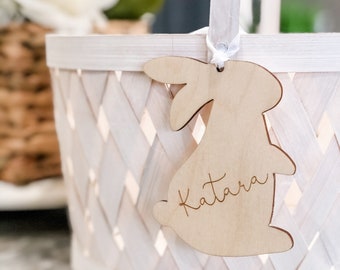 Easter Basket Name Tag, Engraved name on a Birch Wood Bunny, Hung from a White Cord