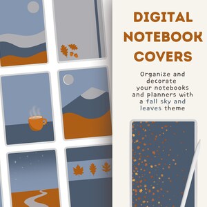 Puede incluir: Cubiertas de cuadernos digitales con un tema de cielo otoñal y hojas. La imagen muestra varias cubiertas de cuadernos digitales con ilustraciones de una montaña, una taza de café y una carretera. El texto dice "DIGITAL NOTEBOOK COVERS".