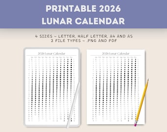 Calendario lunare 2026 stampabile. Segui il ciclo lunare e le sue fasi durante tutto l'anno!