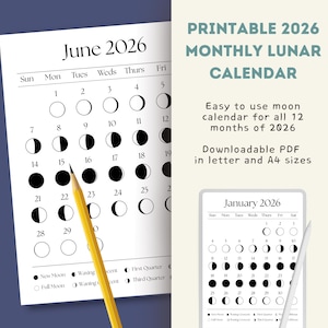 May include: A printable 2026 monthly lunar calendar with the month of June displayed. The calendar shows the phases of the moon. A yellow pencil points to the 15th day. Text on the right says "Printable 2026 Monthly Lunar Calendar".