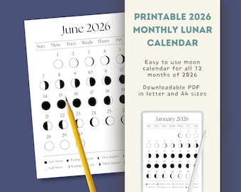 May include: A printable 2026 monthly lunar calendar with the month of June displayed. The calendar shows the phases of the moon. A yellow pencil points to the 15th day. Text on the right says "Printable 2026 Monthly Lunar Calendar".