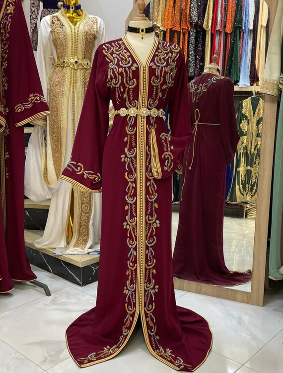 ワンピース sahara Cord Embroidery Caftan Dress Moroccan Red Caftan - Elegant One-piece Embroidered & Beaded