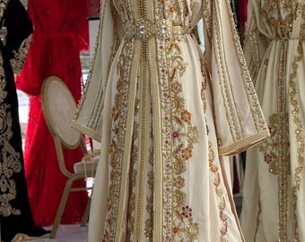 Eleganter marokkanischer Takchita – zweiteiliger Kaftan aus Seidenkrepp – handgefertigtes marokkanisches Kleid für Hochzeiten, Henna, besondere Anlässe