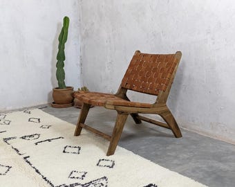 Handcrafted Moroccan Brown Armchair - 100% Leather & Walnut Wood, Elegant Modern Design, Timeless Comfort