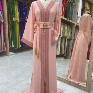 Moroccan Caftan - Elegant One-Piece Embroidered & Beaded Kaftan with V-Neck and Tassel Belt