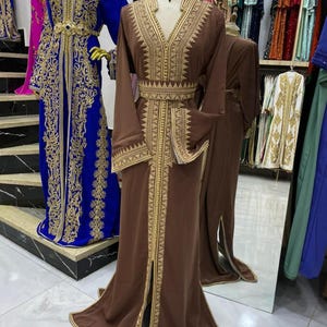 Moroccan Caftan - Elegant One-Piece Gold Embroidered Kaftan with V-Neck and Matching Belt