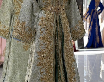 Luxus marokkanischer Takchita – Zweiteiliger Seidensatin und Seidenbrokat Kaftan – Handgefertigtes marokkanisches Kleid für Hochzeiten und besondere Anlässe