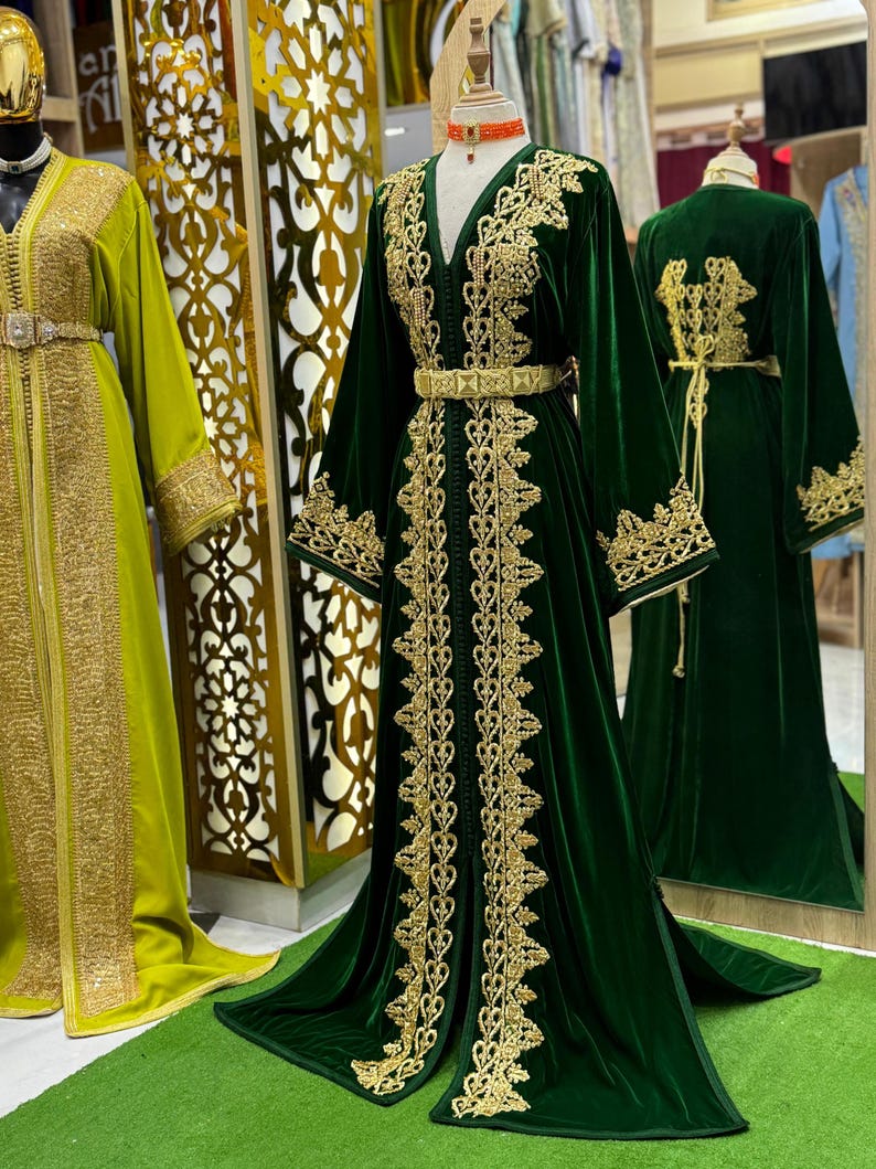 Gradient Moroccan Caftan: Silk Satin Tlija Top, Gold Embellishments - Etsy