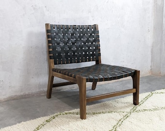 Brown Leather Armchair Handcrafted Moroccan Armchair Leather Walnut Wood, Elegant Modern Design, Timeless Comfort
