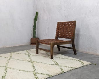 Brown Leather Armchair Handcrafted Moroccan Armchair Leather Walnut Wood, Elegant Modern Design, Timeless Comfort