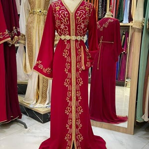 Moroccan Red Caftan - Elegant One-Piece Embroidered & Beaded Kaftan with V-Neck and Matching Belt
