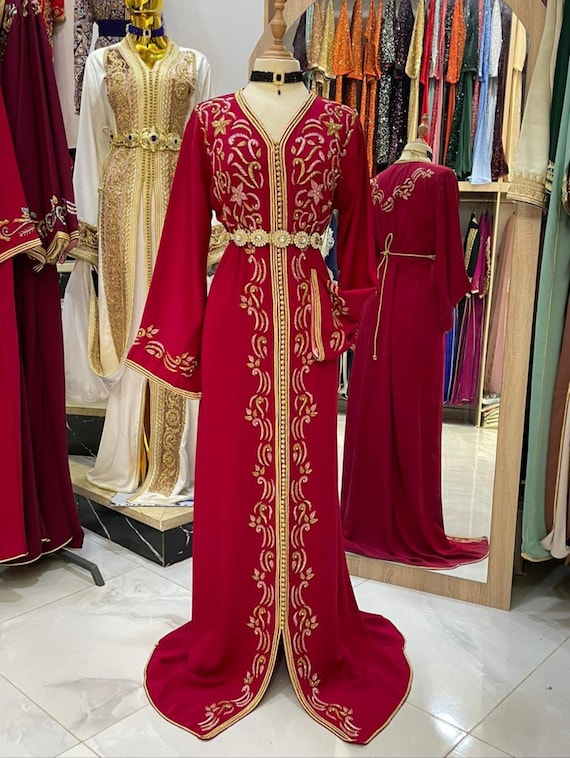 Moroccan Red Caftan - Elegant One-piece Embroidered & Beaded