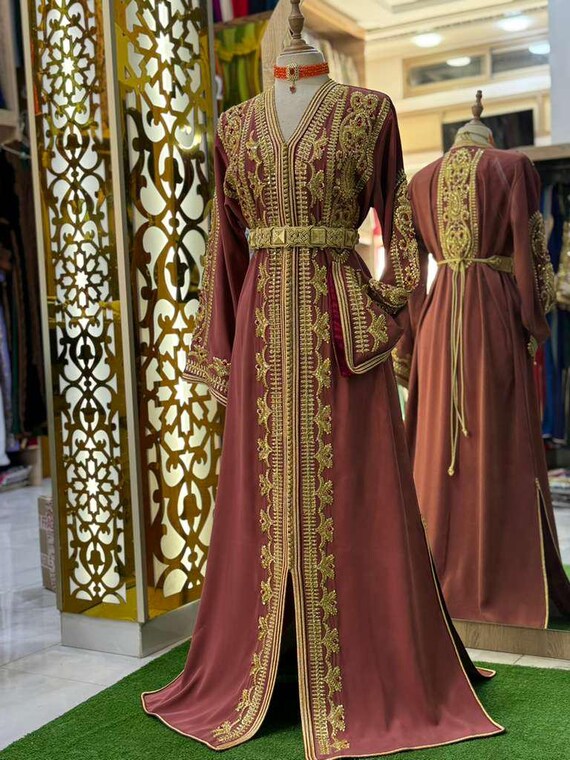 Elegant Moroccan Kaftan Dress: Gold Embroidery, Handmade Traditional Gown