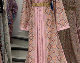 Embroidered Moroccan Caftan: Indian Sari Fabric, Golden Accents, Belted
