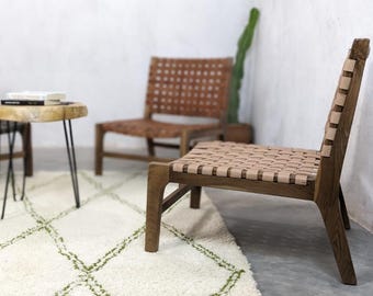 Beige Leather Armchair Handcrafted Moroccan Armchair Leather Walnut Wood, Elegant Modern Design, Timeless Comfort