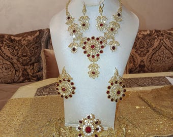 Moroccan Gold Plated Crystal Wedding Jewelry Set: Necklace, Crown, Earrings