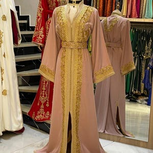 Caftan - Elegant Moroccan Kaftan Dress Moroccan Caftan - One-Piece Gold Embroidered & Beaded Kaftan with Matching Belt.