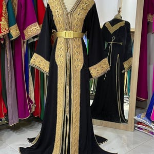 Luxury Moroccan Takchita Handmade Two-Piece Silk Crepe  Moroccan Kaftan with Gold or Silver Thread Embroidery