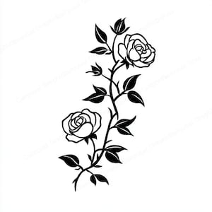 Puede incluir: Diseño floral en blanco y negro con dos rosas y hojas en un tallo. Las rosas están en plena floración, con pétalos detallados. Las hojas son puntiagudas y dispuestas a lo largo del tallo.
