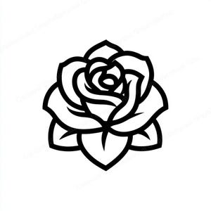 以下が含まれることがあります： バラの白黒線画。バラは満開で、詳細な花びらと対称的なデザインです。この画像は、古典的な花のシンプルでエレガントなイラストです。