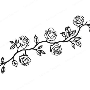 May include: Black and white floral vine design featuring roses and leaves. The illustration depicts a stylized rose branch with multiple rose blooms and detailed leaf clusters. The design is suitable for various craft projects.