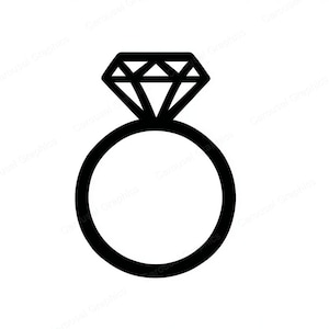 Puede incluir: Gráfico en blanco y negro de un anillo de diamantes. El anillo presenta un gran diamante multifacético sobre una banda simple y circular. El diseño es limpio y minimalista, con líneas audaces y un alto contraste.